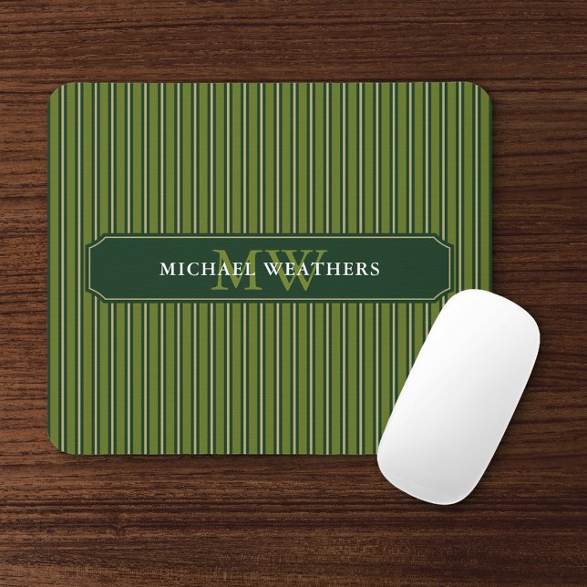 Olive & Dark Green Stripes Your Name and Initials Mouse Mat (Creator Uploaded)