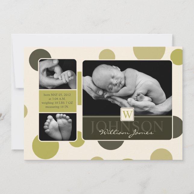 Olive Dot Print Birth Announcement (Front)