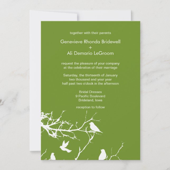 Olive Drab Love Birds Wedding Customisable Invitation (Front)