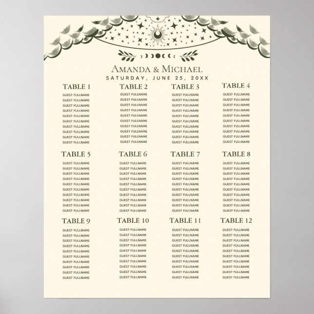 Olive Elegant Mystical Tarot Wedding Seating Chart (Front)