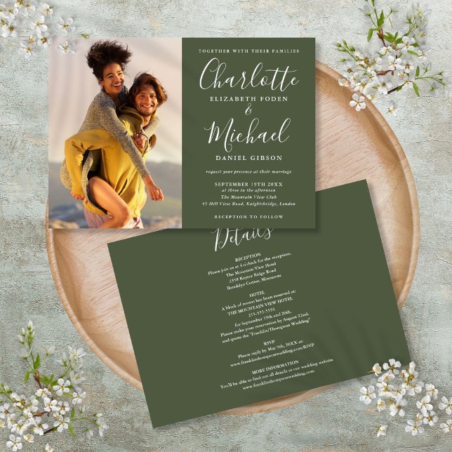 Olive Elegant Script Photo Wedding All In One Invitation (Olive Elegant Script Photo Wedding All In One Invitation)