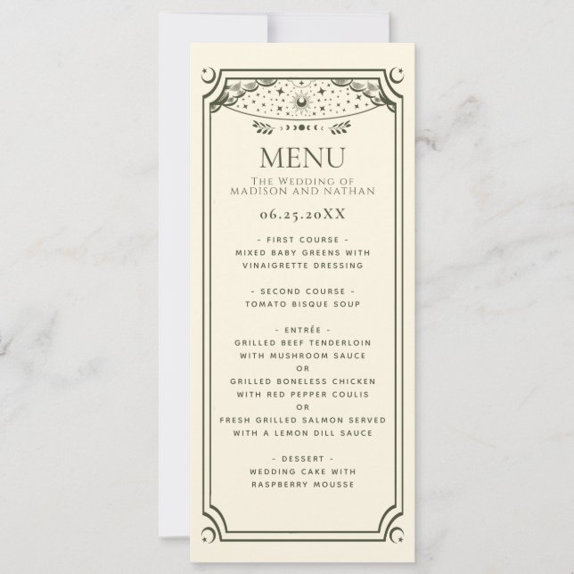 Olive Elegant Tarot Card Wedding Menu (Front)