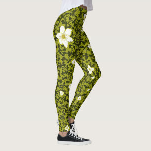 Olive Floral Leggings - White Flower Print Design