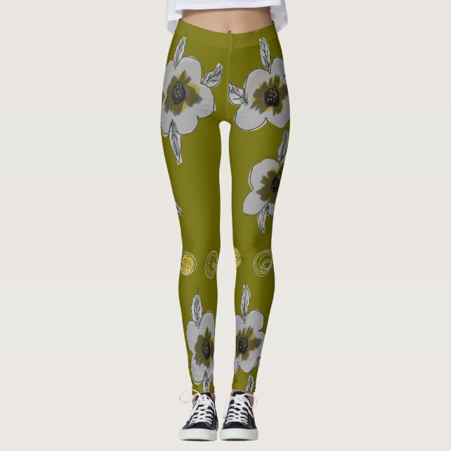 Olive Flowered Print Leggings (Front)