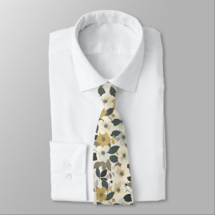Olive Flowers Brown and White  Tie