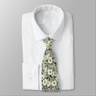 Olive Flowers Green and White  Tie