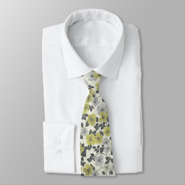 Olive Flowers Shades of Green and Grey Tie (Tied)