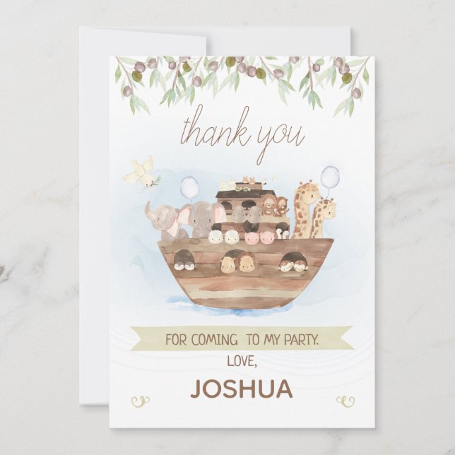 Olive Foliage Noah's Ark Boys Thank You Card (Front)