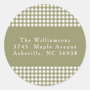 Olive Gingham Plaid Christmas Return Address Classic Round Sticker