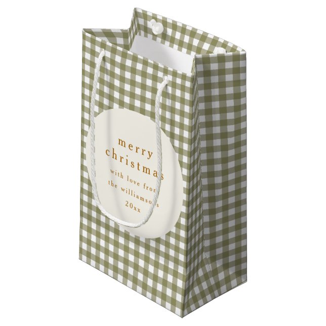 Olive Gingham Plaid Personalised From Christmas Small Gift Bag (Front Angled)