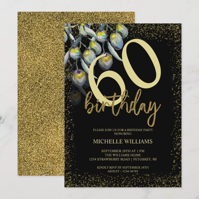 Olive Glitter Gold Calligraphy Birthday Invitation (Front/Back)