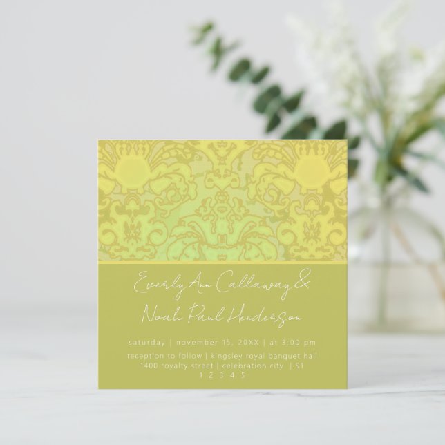 Olive & Gold Damask Wedding Invitation (Standing Front)