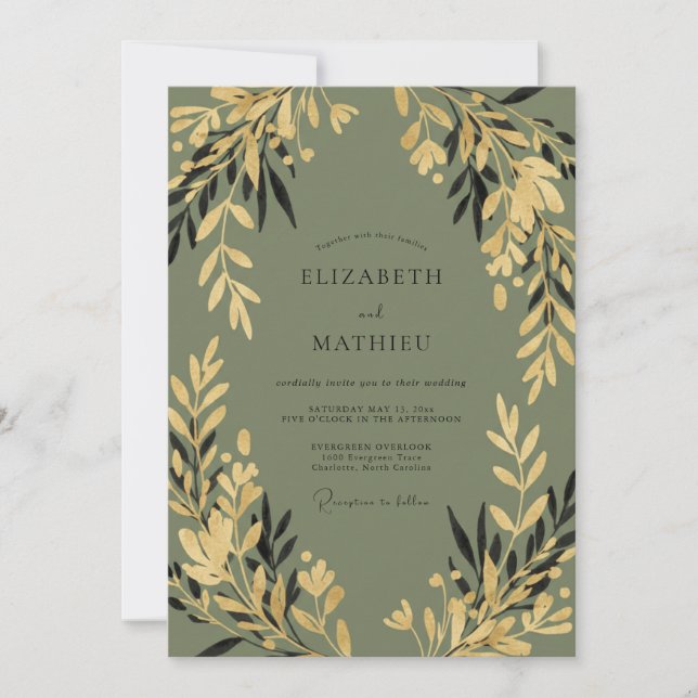 Olive Gold Foliage Grey Eucalyptus Wedding Invitation (Front)