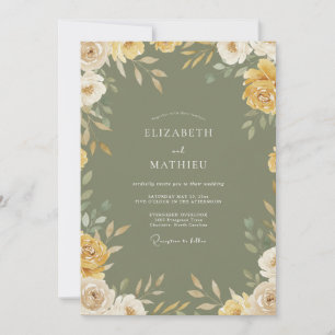 Olive Gold Foliage Muted Eucalyptus Wedding Invitation