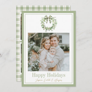 Olive Gold Plaid Wreath Preppy Bow Christmas Card