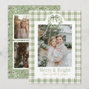 Olive Gold Plaid Wreath Preppy Bow Christmas Card