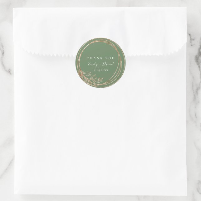 Olive Golden Wreath Wedding Thank Round Sticker (Bag)