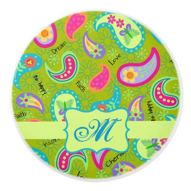 Olive Greeen Modern Paisley Monogram Initial Ceramic Knob (Front)