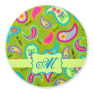 Olive Greeen Modern Paisley Monogram Initial Ceramic Knob