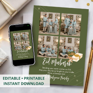 Olive Green 4 Photo Collage Eid Mubarak Card