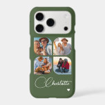 Olive Green 4 Photo Personalised Name<br><div class="desc">Keep favourite faces and special memories close every day with this beautifully personal 4 photo design. Four custom photo spaces are set on a deep olive green background, finished with your personalised name in graceful script-style lettering and a sweet little heart accent for a calm, meaningful touch. Shown on an...</div>