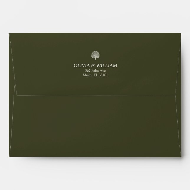 Olive Green 5x7 Tropical Palm Wedding Envelope (Back (Top Flap))