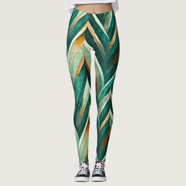 Olive Green Abstract Geometric Nature Pattern Leggings (Front)
