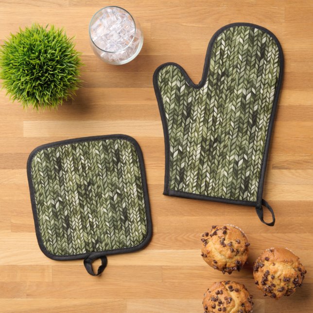 Olive Green Abstract  Oven Mitt & Pot Holder Set (Top Down)