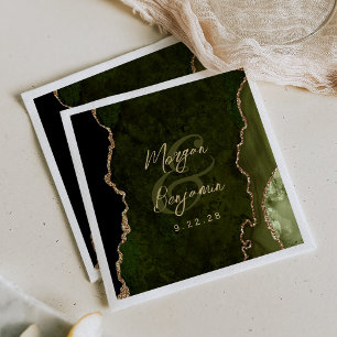 Olive Green Agate Gold Script Wedding Napkin