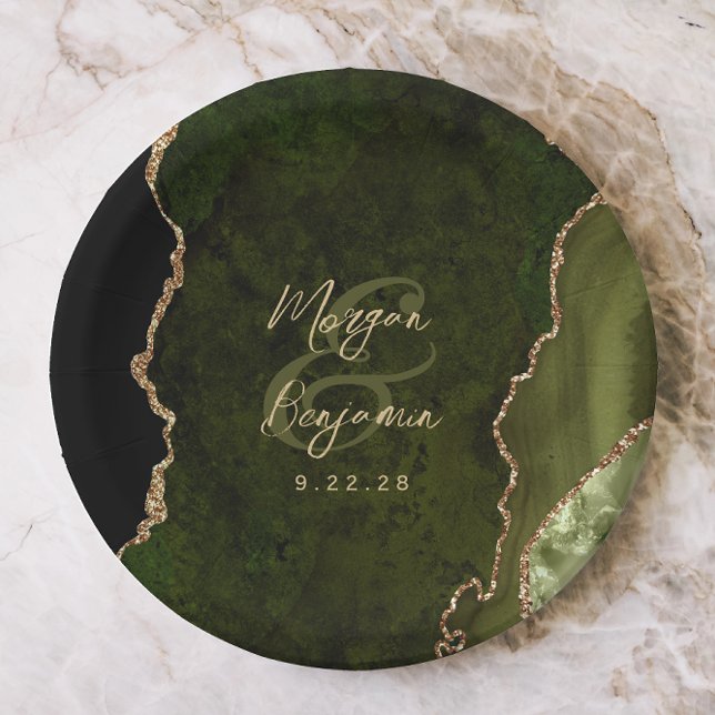 Olive Green Agate Gold Script Wedding Paper Plate (Creator Uploaded)
