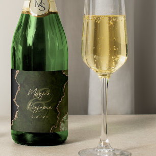 Olive Green Agate Gold Script Wedding Sparkling Wine Label