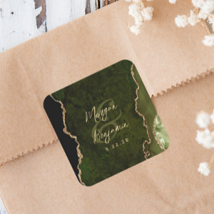 Olive Green Agate Gold Script Wedding Square Sticker