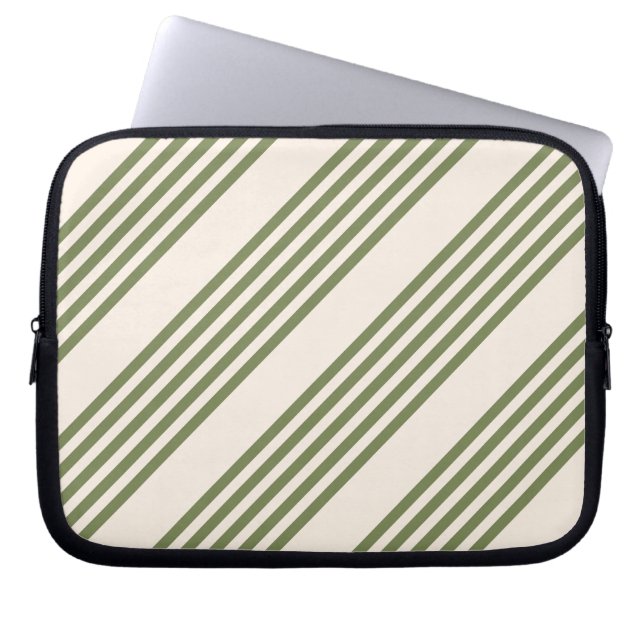 Olive green and beige five stripes pattern laptop sleeve (Front)