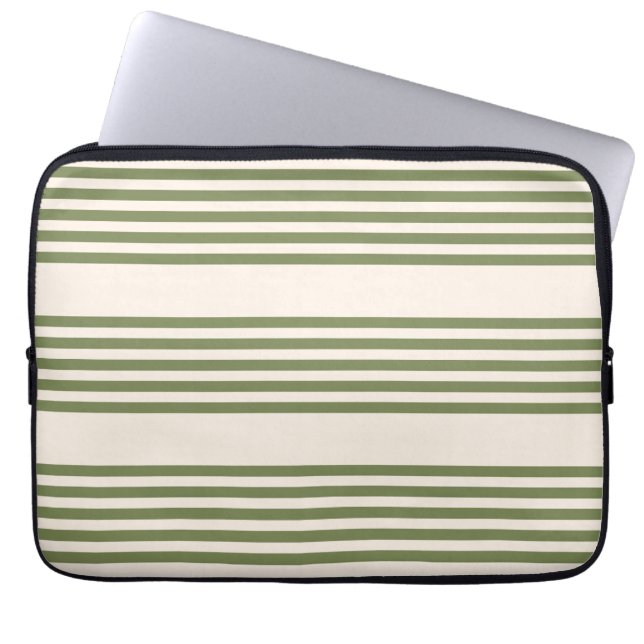 Olive green and beige five stripes pattern laptop sleeve (Front)