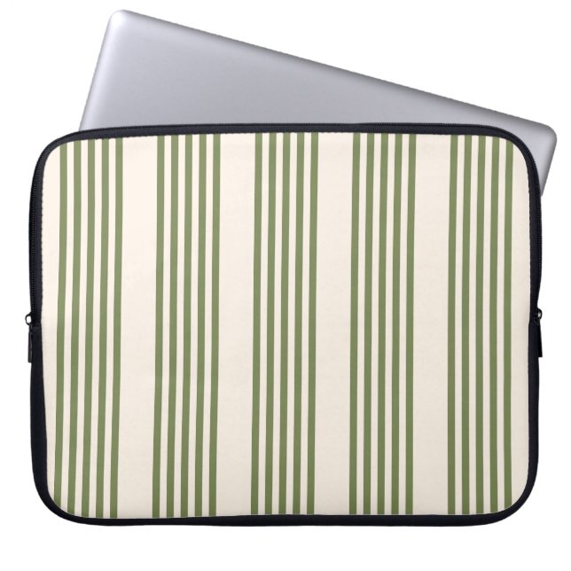 Olive green and beige five stripes pattern laptop sleeve (Front)