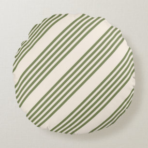 Olive green and beige five stripes pattern round cushion