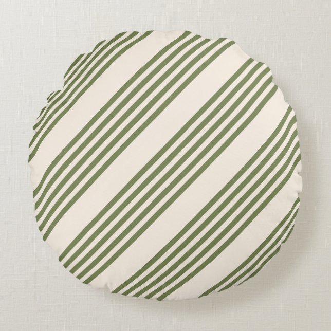 Olive green and beige five stripes pattern round cushion (Front)