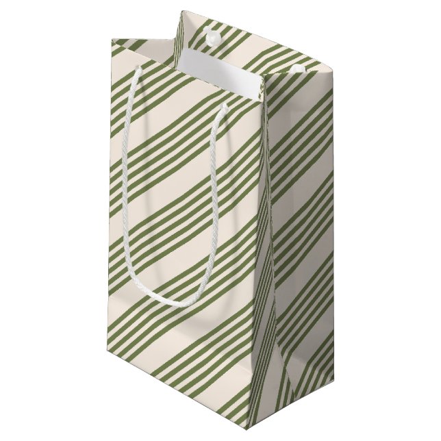 Olive green and beige five stripes pattern small gift bag (Front Angled)