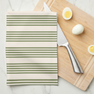Olive green and beige five stripes pattern tea towel