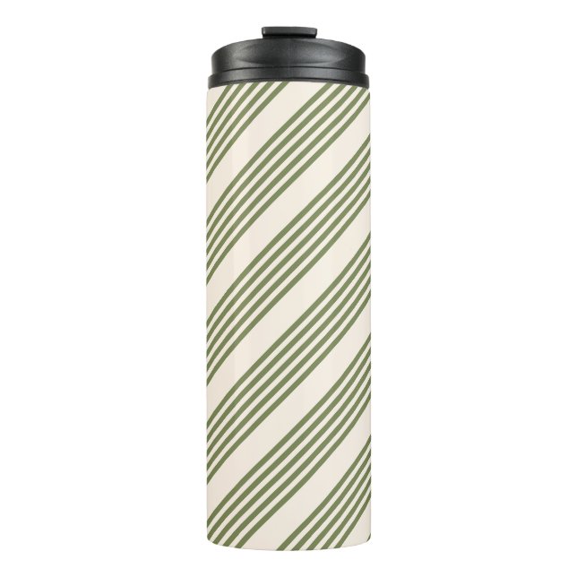 Olive green and beige five stripes pattern thermal tumbler (Front)