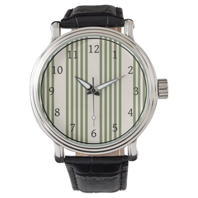 Olive green and beige five stripes pattern watch (Front)
