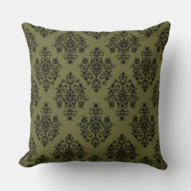 Olive Green and Black Damask Pattern Cushion (Front)