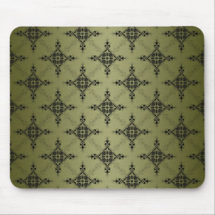 Olive Green and Black Damask Pattern Mouse Mat