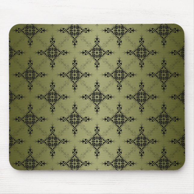 Olive Green and Black Damask Pattern Mouse Mat (Front)