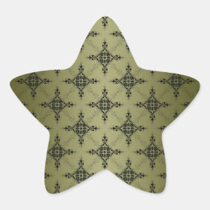 Olive Green and Black Damask Pattern Star Sticker