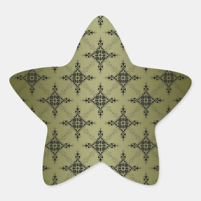 Olive Green and Black Damask Pattern Star Sticker (Front)