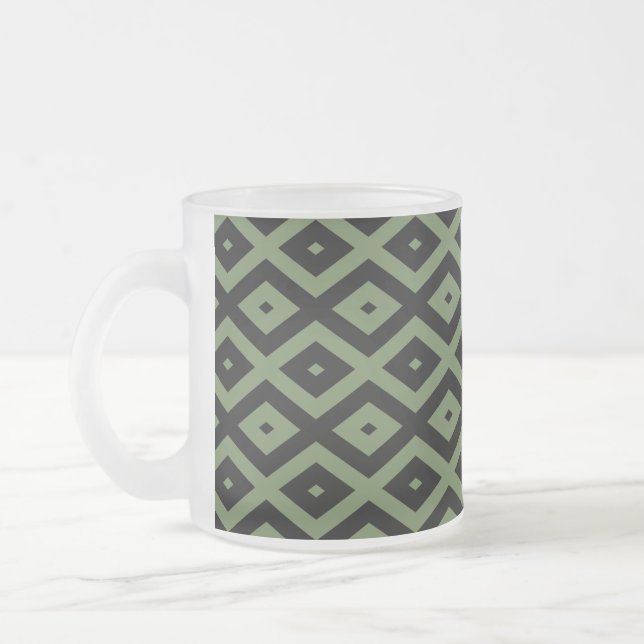 Olive green and black diamond pattern frosted glass coffee mug (Left)