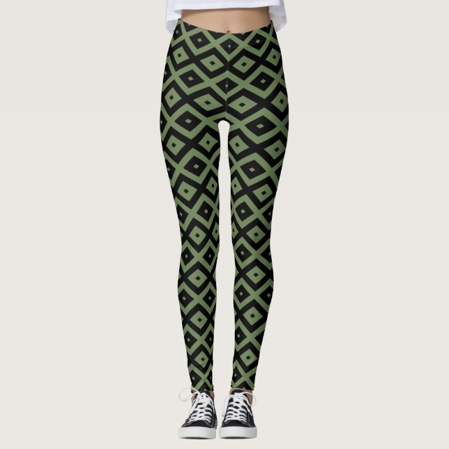 Olive green and black diamond pattern leggings (Front)