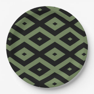 Olive green and black diamond pattern paper plate