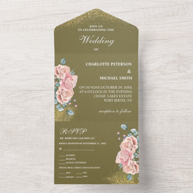 Olive Green And Blush Pink Floral Wedding All In One Invitation (Inside)